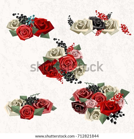 Flower bouquets consisting of roses and decorative branches set in low poly style. Vector illustration. Light textured background