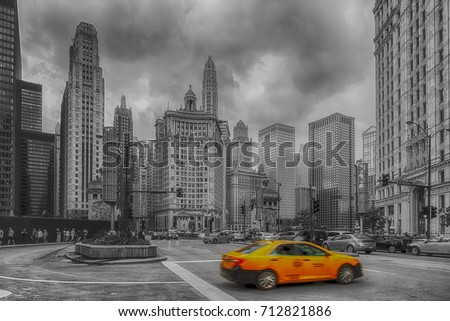 Chicago, Illinois, USA - June 17, 2017: Busy traffic scene with a lot of cars in downtown district.