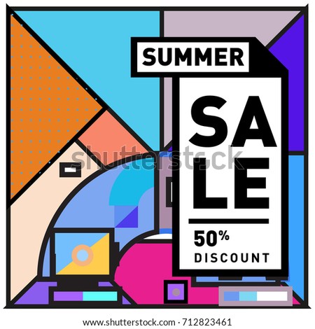 Summer sale retro memphis style web banner. Fashion and travel discount poster. Vector holiday Abstract colorful retro illustration with special offer and promotion.