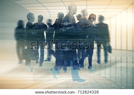 Abstract businesspeople silhouettes in spacious office interior on city background. Employment concept. Double exposure 