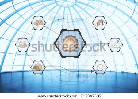 Empty spherical glass interior with digital business hologram. Innovation and network concept. Double exposure 