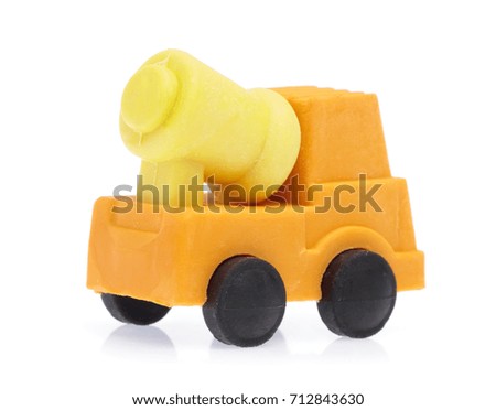 Rubber eraser yellow car isolated on white background