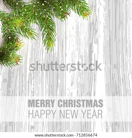 Merry Christmas Happy New Year vector greeting card pine tree wood background