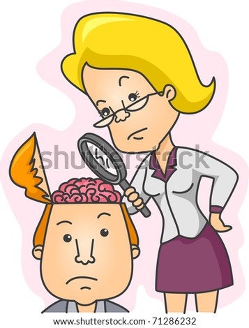 Illustration of a Woman Examining the Contents of a Man's Head