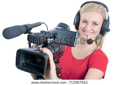 a blond young woman with professional video camcorder, on white