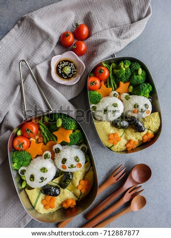 Fun and delicious homemade vegetarian meal with animated shaped food / Sleeping Panda Bento Box Meal / Meat-free diet for a healthy and clean living lifestyle,ideal for weight watcher,working couples