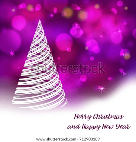 Vector stylized Christmas tree on decorative bokeh background. Merry Christmas lettering text for internet sites, gift cards, flyers and presentations. New year vector illustration
