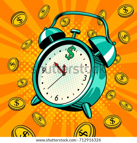 Alarm clock with coins pop art retro vector illustration. Time money metaphor. Comic book style imitation.