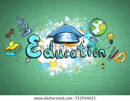 Colorful education sketch with a microscope, a globe, books and school supplies is drawn on a green chalkboard. Concept of knowledge.
