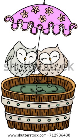 Couple owls with umbrella on wooden tub for a bath
