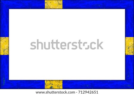 empty wooden picture or blackboard frame in sweden swedish flag design isolated on white background