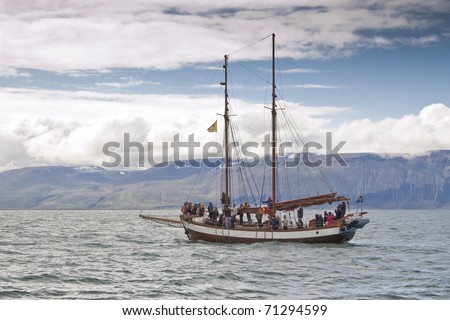 Sailing ship for whale watching. Picture taking in Skjalfandi Bay (Iceland)