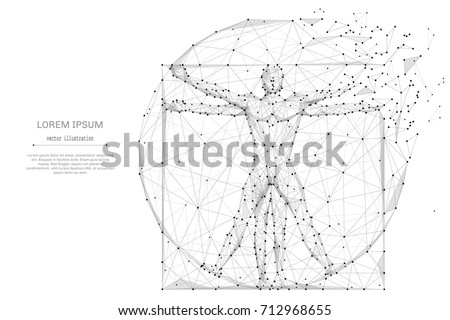 classic proportion man low poly wireframe. Abstract mash line and point origami on white background with an inscription. Starry sky or space, consisting of stars and the universe. Vector illustration Royalty-Free Stock Photo #712968655