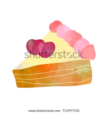 Cute and tasty cake slice. Cartoon clip art illustration on isolated background. Watercolour imitation