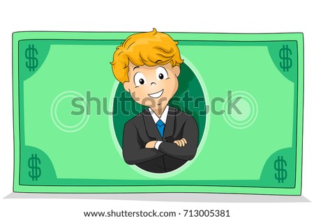 Illustration of a Kid Boy Wearing Business Attire on a Dollar Bill