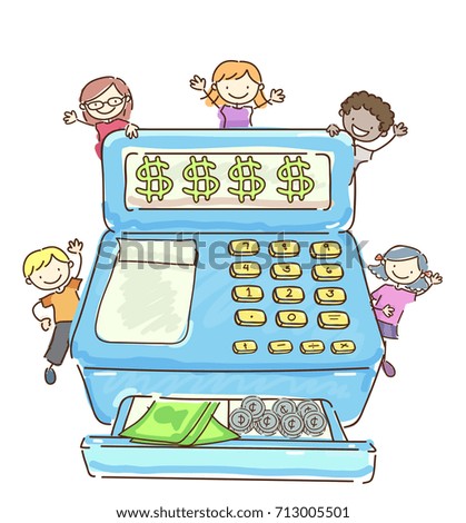 Illustration of Stickman Kids Surrounding a Cash Register with Dollar Bills and Coins