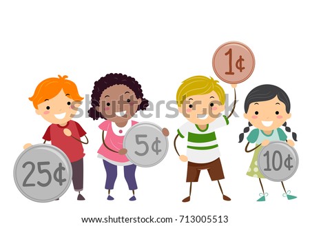 Illustration of Stickman Kids Holding Different Coins from Twenty Five Cents to One Cent