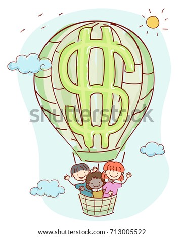 Illustration of Stickman Kids Riding Air Balloon with Dollar Sign