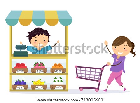 Illustration of Stickman Kids Playing Grocery. Girl Pushing a Shopping Cart Towards a Boy Selling Fruits