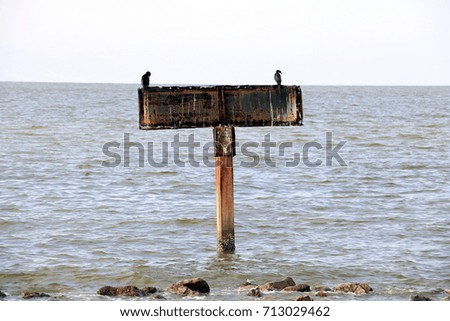 sign pole post and sea.Old pole on area under sea .