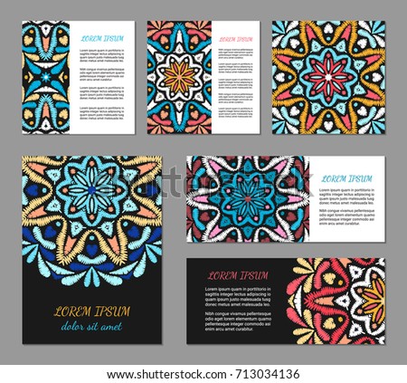 Embroidery style flyer set with bright colorful mandala. Ethnic ornamental blank. Oriental design concept. Eastern collection. EPS 10 vector. Clipping masks