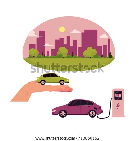 vector flat cartoon green city concept. Isolated illustration on a white background. city without plants and factories electric car at charging station, green vehicle in hand set