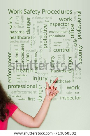 work safety procedures concept. Photo for your design with text. attractive girl shows index finger up