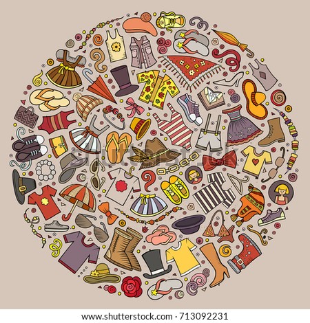 Colorful vector hand drawn set of Clothes cartoon doodle objects, symbols and items. Round composition