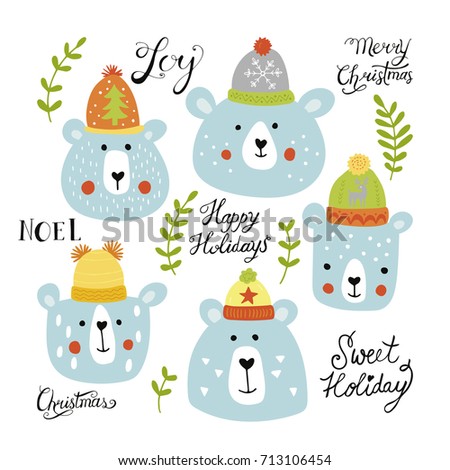 Christmas holiday hand drawing set - cute bears in hats and lettering. Vector illustration