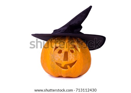 Halloween pumpkin, funny face in hat, isolated on white background