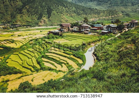 Bhutan, Punakha, panoramic view of valley from Lobesa towards Wangdue Phodrang. Rice crops between the rivers Pho Chhu and Mo Chhu.
