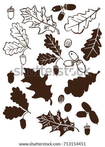 illustration on white background silhouette of oak branches with acorns
