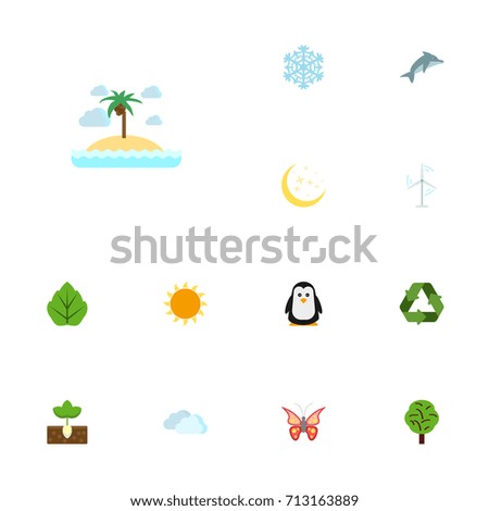 Flat Icons Winter Snow, Wood, Conservation And Other Vector Elements. Set Of Green Flat Icons Symbols Also Includes Palm, Island, Emperor Objects.