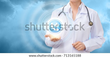 Doctor shows the icon of the medical center calls on a blue background.