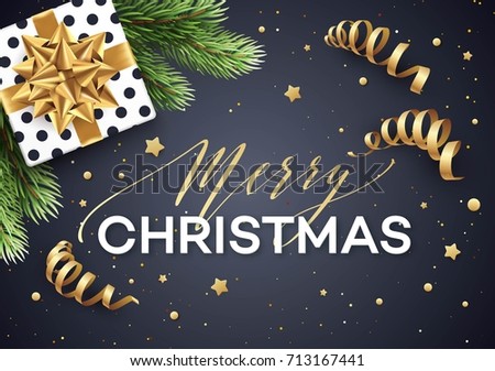 Christmas background with gift box with gold bow, streamers, confetti, a sprig of Christmas tree. Template for postcard, booklet, leaflets, poster. Vector illustration EPS10