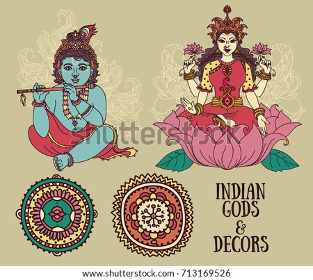 Set of vector illustrations with Little Krishna, Lakshmi and ethnic ornaments