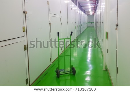Long corridor, green floor and cart, self-storage facilities interior, units with locks on both sides