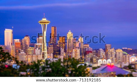 Seattle city skyline at dusk. Downtown Seattle cityscape at night.