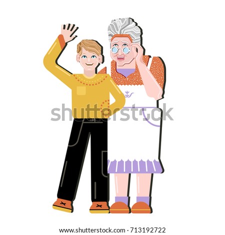 Grandparent  and grandson standing together. Little boy standing on granny shoulders. Grandma embracing grand son. Generations & family love and  happiness . Flat style vector illustration. 