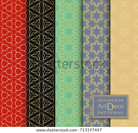 Art Deco seamless patterns set. Vector geometric seamless backgrounds. Repeating line texture for Cards, Invitations, textile fabric or paper print. Golden lace patterns, fashion collection