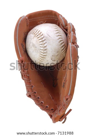 baseball glove and well worn baseball isolated on white background