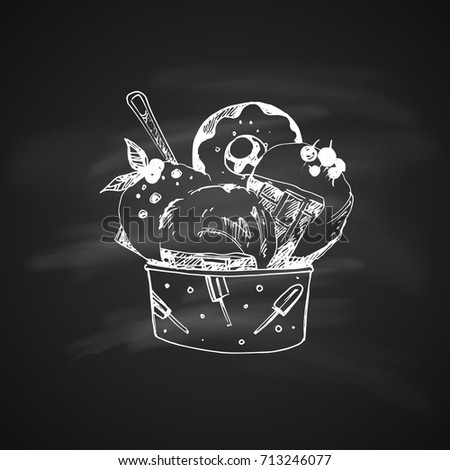 Hand Drawn Chalk Sketch on Blackboard of Ice Cream in Bowl. Vintage Sketch. Great for Banner and Label