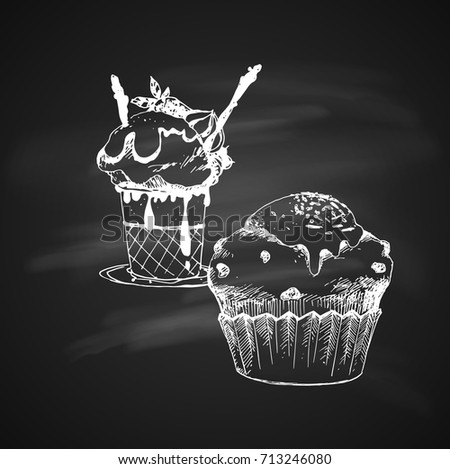 Hand Drawn Chalk Sketch on Blackboard of Cake and Ice Cream in Bowl. Vintage Sketch. Great for Banner, Label, Poster