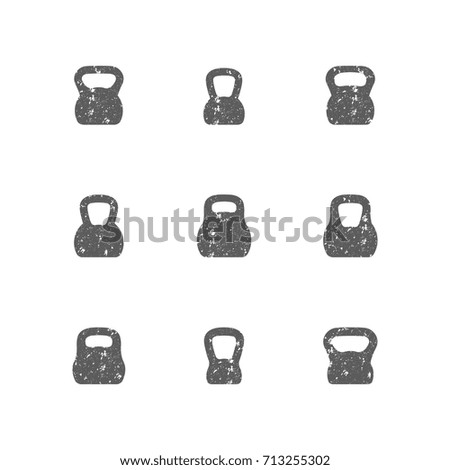 Set of grey grunge kettle bells different shapes, isolated on white background. Design elements sports equipment for the gym, vector illustration.