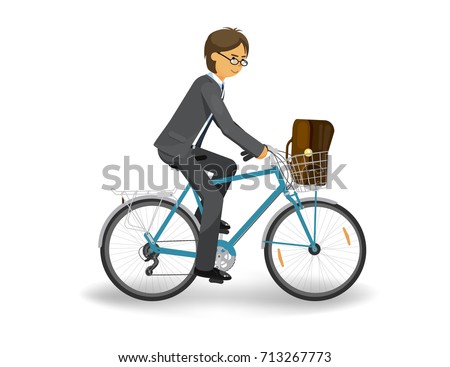 Business man riding bike on white background. Young man in business clothes with a bag. Bicycle with basket. Vector illustration.