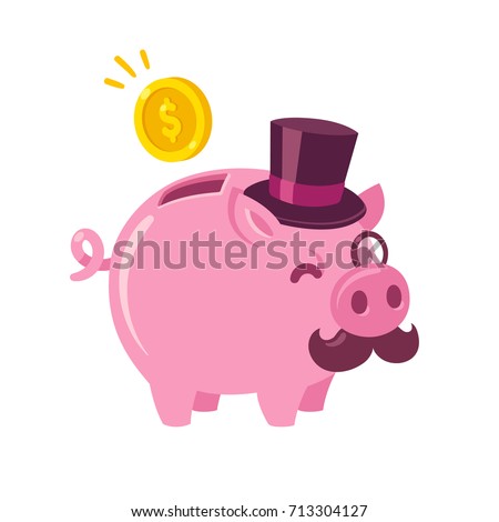 Funny cartoon piggy bank drawing. Cute pig with capitalist attributes: top hat, mustache and monocle. Money and finance vector illustration.