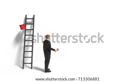 miniature figurine businessman character with ladder and red paint in front of a wall