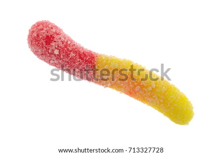 A sugar coated sour tasting red and yellow gummy worm isolated on a white background.