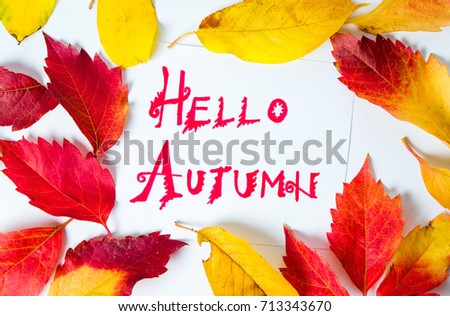 Hello Autumn calligraphy note with fallen leaves on white paper
