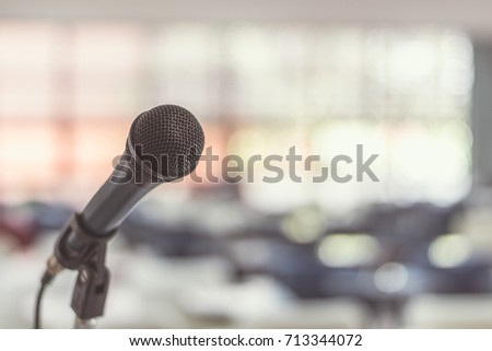 Microphone voice speaker in seminar classroom, lecture hall or conference meeting in educational business event for host, teacher, or coaching mentor 